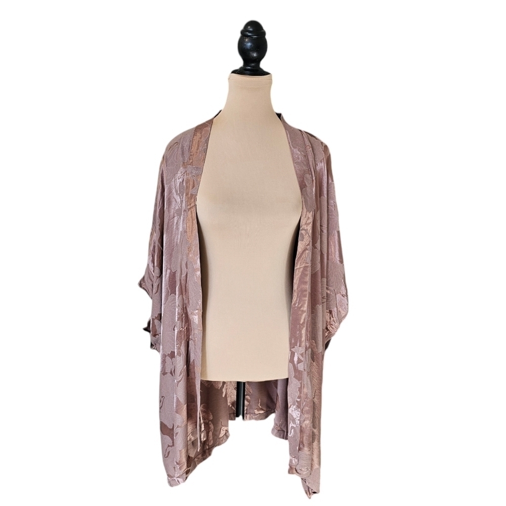 Paper Label Brown Satin Floral Pattern Shawl Cardigan Sz XS / S